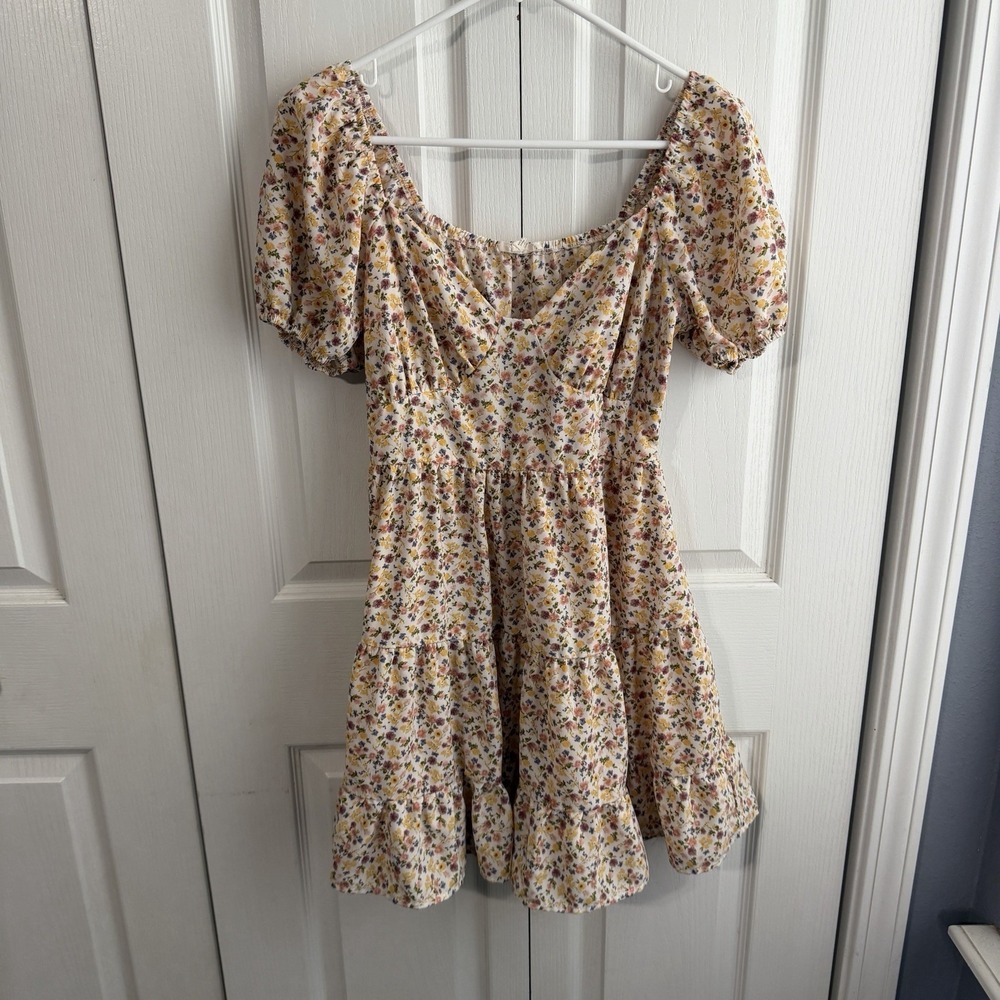 Pie In The Sky Multicolor Floral Puff Sleeve Dress Women's Size Large Cruise